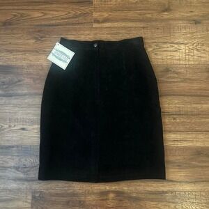 New Vintage Black Suede Leather Short Pencil Skirt Slit 8 Western Old Money Goth